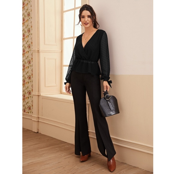 Surplice V-Neck Swiss Dot Black Sheer Blouse - Picture 3 of 7